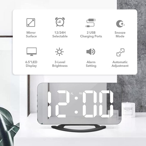 Digital Alarm Clock, 6.5" LED Mirror Electronic Clocks,with 2 USB Charger,Snooze Model, 3 Adjustable Brightness?Outlet Powered Compact Clock for Bedrooms, Bedside, Desk, Shelf(Black-White)