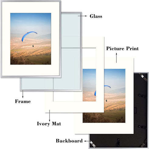 Frametory, 11x14 Aluminum Frame for 8x10 Picture Includes Ivory Mat for Wall Display, Sawtooth Hanger, Swivel Tabs, Spring Clips Great for Photos, Artworks, Posters (Silver, 2-Pack)