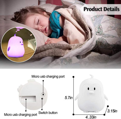 Yuede Kids Night Light (Silicone Light) USB Rechargeable Penguin Night Lights, 9 Colors Change with Touch Sensor and Remote Control for Baby/Kids/Adult Bedroom (Penguin)