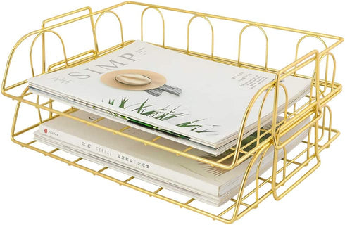 Superbpag 2 Packs Stackable Horizontal Metal File Letter Trays Organizer for Desk,Gold