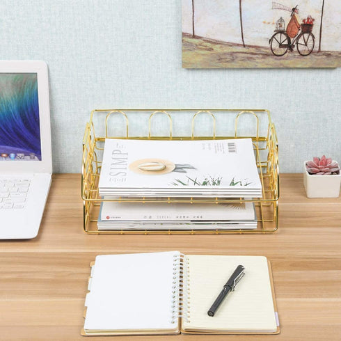 Superbpag 2 Packs Stackable Horizontal Metal File Letter Trays Organizer for Desk,Gold