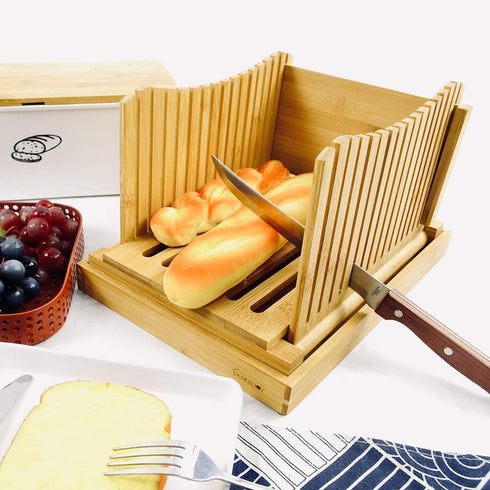 Bamboo Foldable Bread Slicer Compact Bread Slicing Guide with Crumb Catcher Tray for Homemade Bread Thickness Adjustable