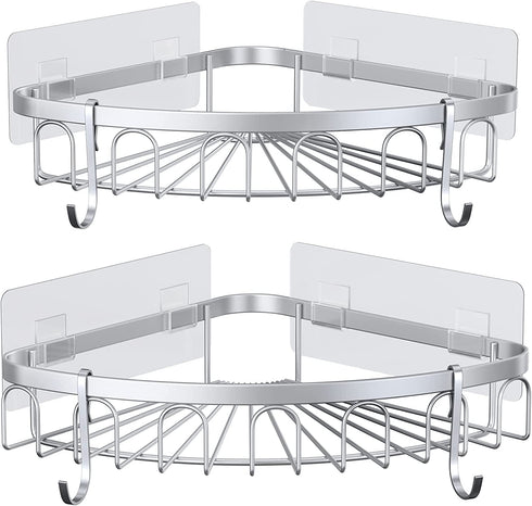 stusgo Corner Shower Caddy, Shower Shelf, Adhesive Shower Wall Caddy, SUS304 Stainless Steel Shower Rack Corner, Bathroom Storage Organizer Rustproof with 4 Hooks for Dorm Kitchen, 2 Pack
