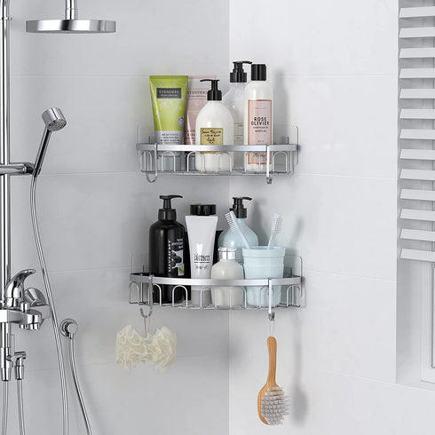 stusgo Corner Shower Caddy, Shower Shelf, Adhesive Shower Wall Caddy, SUS304 Stainless Steel Shower Rack Corner, Bathroom Storage Organizer Rustproof with 4 Hooks for Dorm Kitchen, 2 Pack