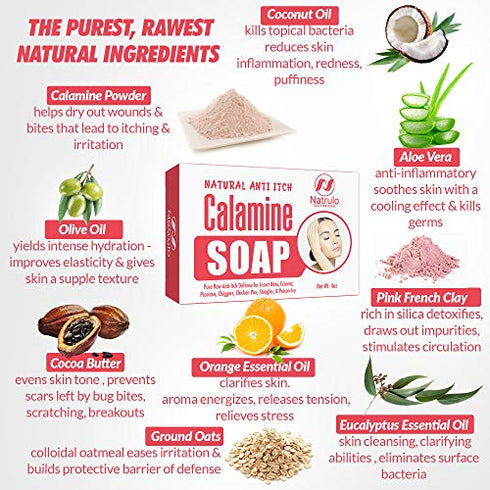 Natural Instant Itch Relief Soap Bar - Calming Calamine Soap for Itchy Skin, Bug Insect Mosquito or Ant Bite, Eczema, Poison Ivy Rash, Chicken Pox - Pure Raw Anti-Itch Defense Cleansing Skincare