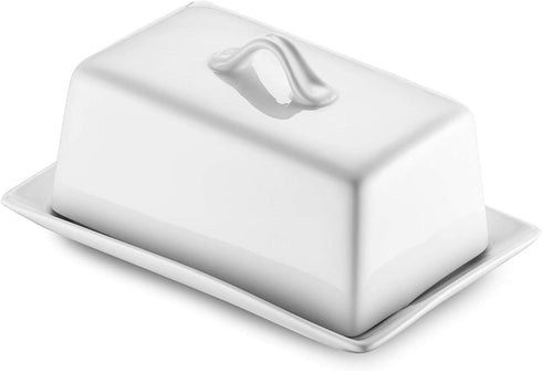 GOURMEX Large Butter Holder with Lid | Fits One Pound of Butter | Ideal Butter Keeper for Salted, Unsalted and Flavored Butter in Fridge | Ceramic White Covered Butter Dish is Dishwasher Safe