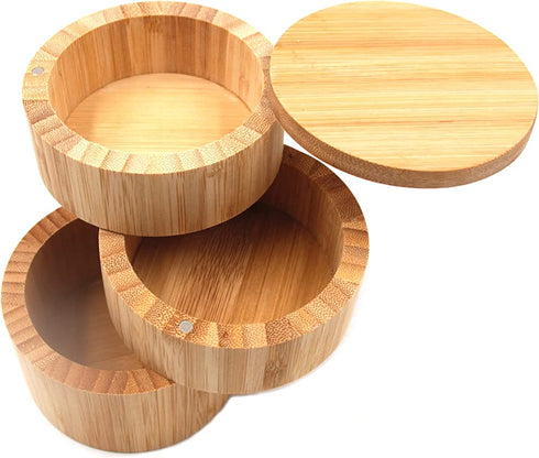 Dtacke Bamboo Salt Box Round Bamboo Jar Salt and Spices Storage Container Spice Container 3-Tier Bamboo Wood Container, Divided Spice Holder