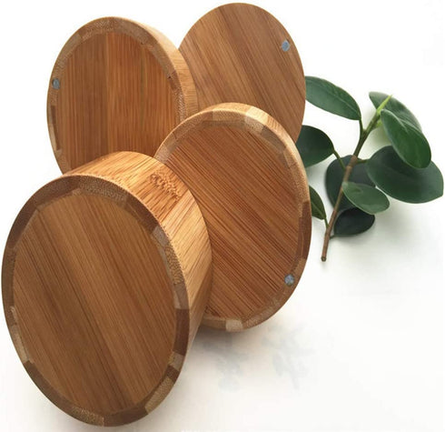 Dtacke Bamboo Salt Box Round Bamboo Jar Salt and Spices Storage Container Spice Container 3-Tier Bamboo Wood Container, Divided Spice Holder