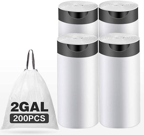 2 Gallon Drawstring Trash Bags,Small Kitchen Garbage Bags Strong Small Trash Bag for Kitchen Bathroom Bedroom Office,,200 Counts White