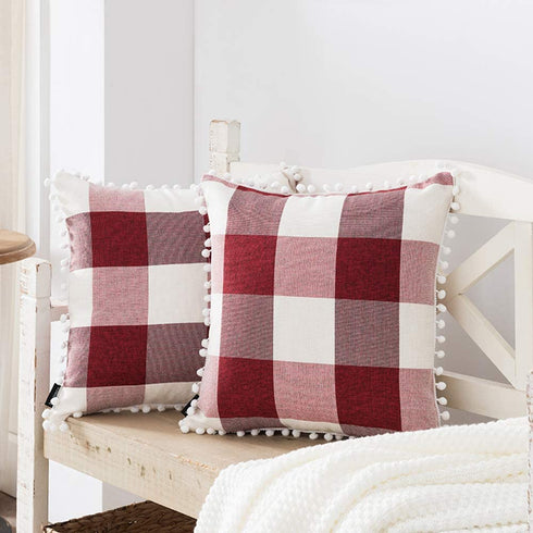 Set of 2 Red and White Buffalo Check Valentine Pillow Covers with Pom Pom Embellished 18 x 18 inches for Valentines Day Decoration