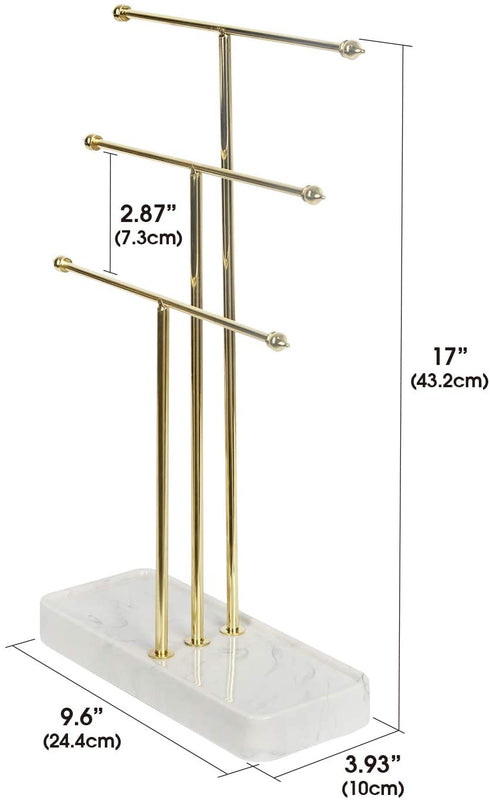 J JACKCUBE DESIGN 3 Tier Gold Metal Jewelry Display Stand Tree Organizer, Holder Rack Hanger Tower for Bracelet Necklace Accessories with Tabletop Earring Ring White Marble Tray Storage- MK516A