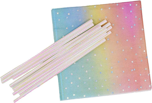 Sliver Dot Disposable Paper Party Plates Set 25 Dinner Plates, 25 Dessert Plates, 25 Cups, 25 Napkins, 25 Straws Dinnerware Set for Birthday Baby Shower Wedding Rainbow Party - Serves 25