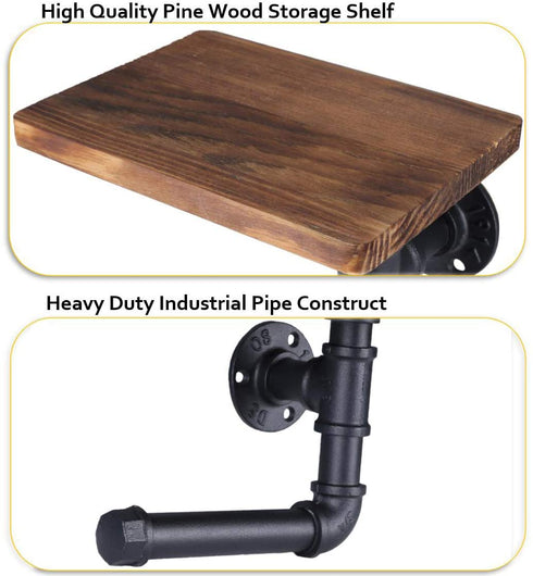 OROPY Industrial Toilet Paper Holder, Wall Mounted Tissue Roll Hanger with Rustic Wooden Shelf for Bathroom
