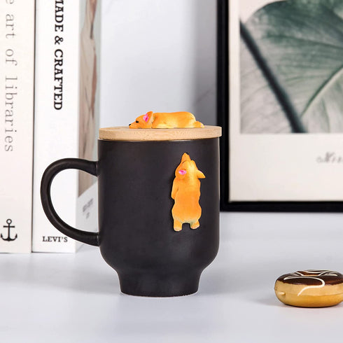 Matte Black Corgi Mug with Original Bamboo Lid,Handcrafted Corgi Gifts for Corgi Lovers Cute Coffee Mug Tea Cup Perfect Novelty Gifts Mug(14oz)(Black, Corgi)