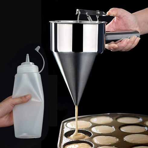 Pancake Batter Dispenser, Stainless Steel Stirring Batter Separator Funnels with Handle & Rack (2pcs Ketchup Squeeze Bottle)