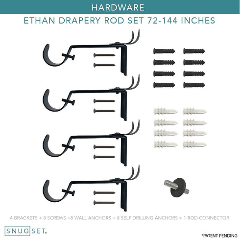 SnugSet | Ultra Sturdy Steel Rod | 4 Brackets for Additional Support | Quick Easy Install | Patented Hardware w/ No Tools Option | 1" Wide Rod | Supports Heavy Fabrics | Black Ball Finial | 72" - 144"