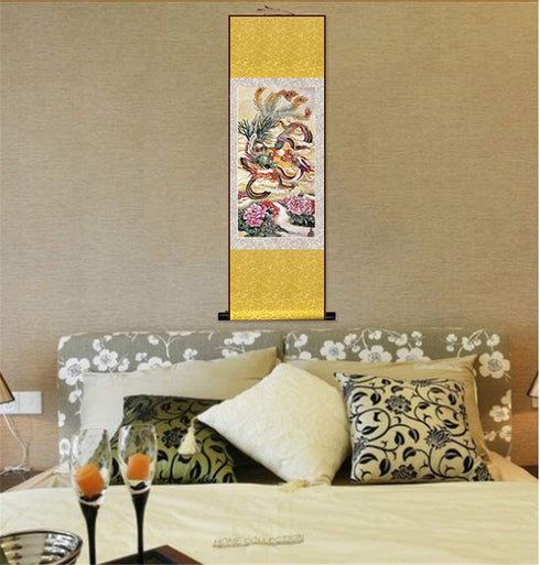 Zzooi Chinese Lucky Painting Dragon and Phoenix Wall Art Hanging Silk Art Prints,Asian Spiritual Animals Painting