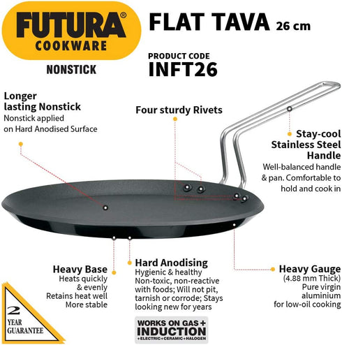 Hawkins Futura Non-stick Induction Compatible Flat Tava Griddle, 10" Induction, BLACK,