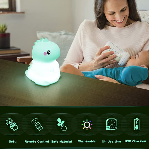Dinosaur Kids Night Lights -USB Rechargeable Animal Silicone Lamps with Touch Sensor and Remote Control -Portable Color Changing Glow Soft Cute Baby Infant Toddler Gift - (Green)