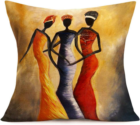 Smilyard African Decor Throw Pillow Covers Cotton Linen Oil Painting African Women Print Outdoor Pillow Covers Cushion Home Decorations 18x18 Inch Set of 4 Couch Pillow Case (Woman Set)