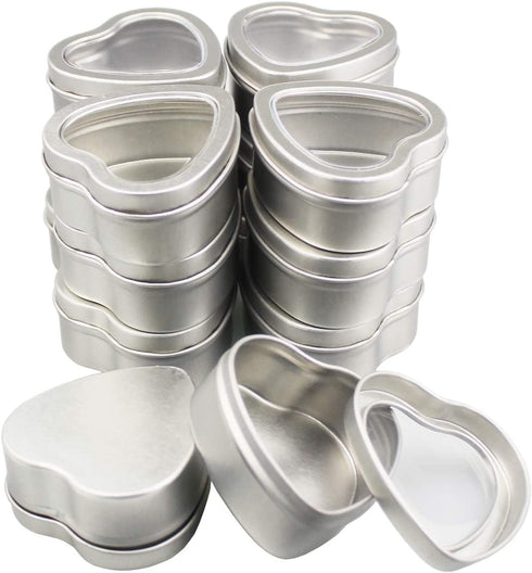 14-Pack 2oz Empty Heart Shaped Silver Metal Tins with Clear Window for Candle Making, Candies, Gifts & Treasures