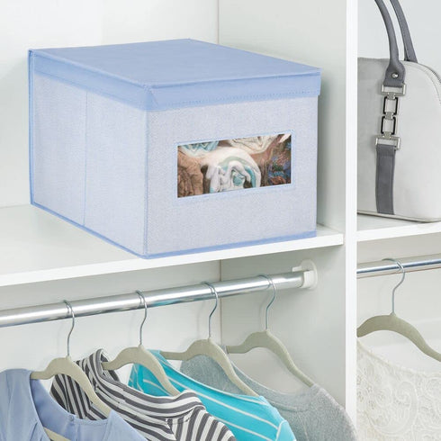 mDesign Soft Fabric Stackable Closet Storage Organizer Holder Box Bin with Clear Window, Attached Hinged Lid - Bedroom, Hallway, Entryway, Closet, Bathroom - Textured Print, 4 Pack - Blue Herringbone