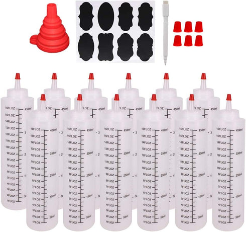 Belinlen 12 Pack 16-Ounce Plastic Squeeze Bottles with Red Cap for Food, Crafts, Art, Multi Purpose Set of 12 with extra 16 Chalk Labels 6 Red Cap and 1 Pen