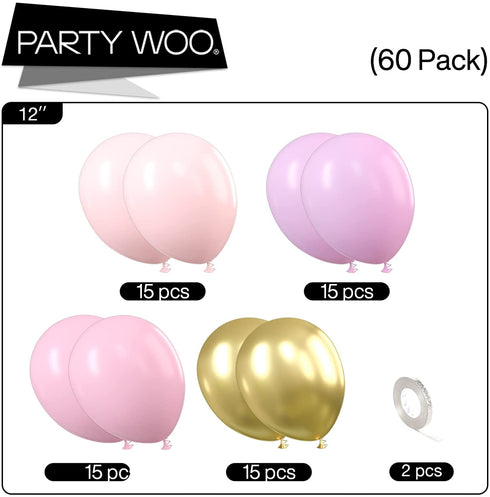 PartyWoo Purple Pink Gold Balloons, 60 pcs 12 Inch Purple Balloons, Light Pink Balloons, Gold Metallic Balloons and Pink Balloons, Purple Pink Balloons for Princess Birthday Party, Purple Baby Shower