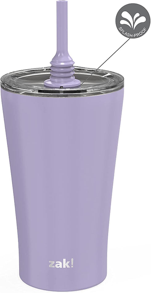 Zak Designs Alfalfa Stainless Steel Vacuum Insulated Double Wall Tumbler with Flexible Silicone Straw, Travel Tumbler with Splash Proof Lid Keeps Drinks Cold (18/8 SS, 20oz, Lavender)