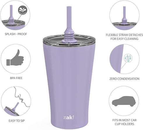 Zak Designs Alfalfa Stainless Steel Vacuum Insulated Double Wall Tumbler with Flexible Silicone Straw, Travel Tumbler with Splash Proof Lid Keeps Drinks Cold (18/8 SS, 20oz, Lavender)