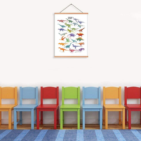 CHDITB Dinosaur Art Print Magnetic Natural Wood Hanger Frame Poster,Canvas Animal Dinosaur Alphabet Painting 28X45cm Wall Hanging Art Print for Kids Room Classroom Nursery Decor
