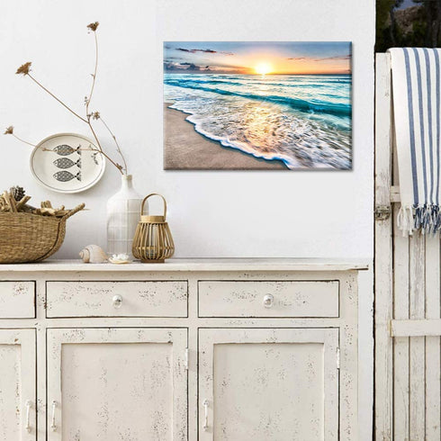 TUMOVO Wall Art for Living Room White Beach Canvas Art Wall Decor Blue Sea Sunset Pictures Print on Canvas Natural Landscape Painting Seascape Modern Artwork Stretched Framed Ready to Hang - 12" x 18"