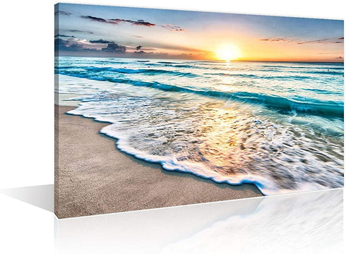 TUMOVO Wall Art for Living Room White Beach Canvas Art Wall Decor Blue Sea Sunset Pictures Print on Canvas Natural Landscape Painting Seascape Modern Artwork Stretched Framed Ready to Hang - 12" x 18"