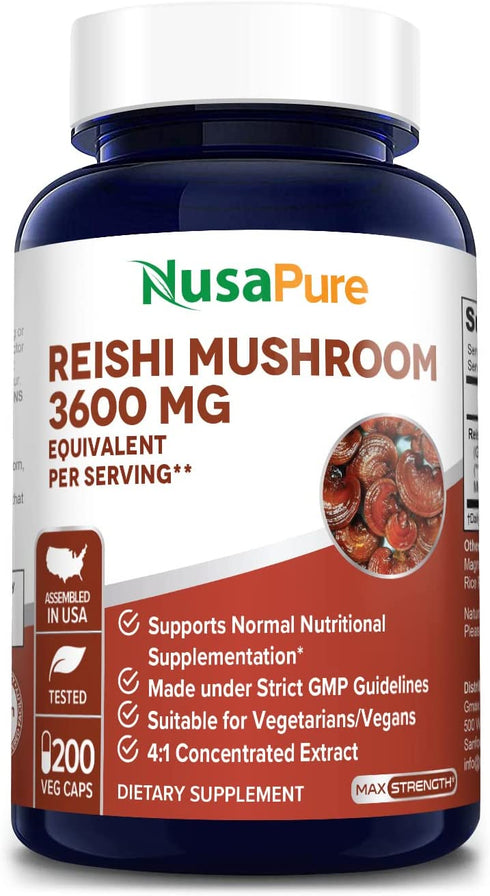 Reishi Mushroom Extract 3600 mg 200 Veggie Caps (Vegan, Non-GMO & Gluten-Free)