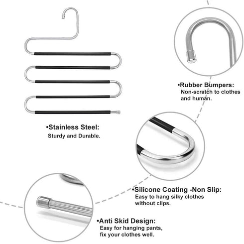 HonTop 3 Pack Pants Hangers S-Shape 5 Layers Stainless Steel with Black Silicone Coating Multi Clothes Cascading Hangers Space Saving Clothes Organizer for Jeans Pants Scarf Ties Towels