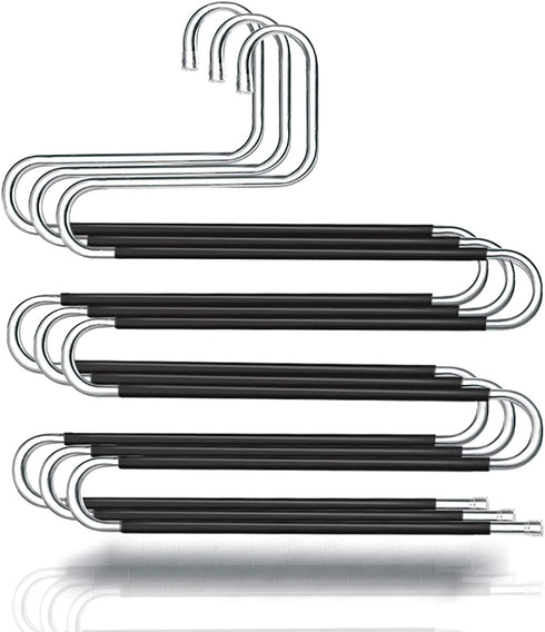HonTop 3 Pack Pants Hangers S-Shape 5 Layers Stainless Steel with Black Silicone Coating Multi Clothes Cascading Hangers Space Saving Clothes Organizer for Jeans Pants Scarf Ties Towels