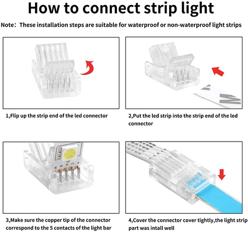 RGBZONE 32.8ft 5 Pin RGBW Extension Cable Wire Cord and 5Pack 5 Pin RGBW LED Light Strip Connectors Strip to Wire Quick Connection for 10mm Wide Waterproof or Non-Waterproof 5050 LED RGBW Strip Light