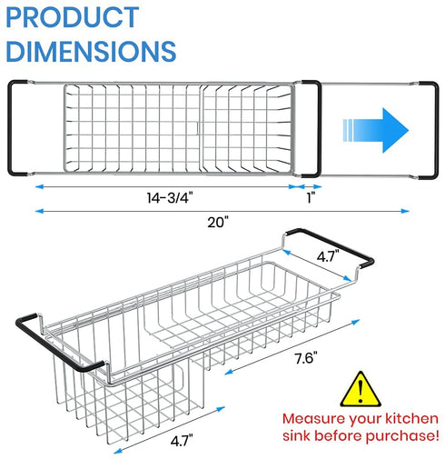 Sink Caddy Sponge Holder Kitchen Sink Organizer Sponge Caddy Farmhouse Sink Accessories Rag Detergent Brush Dishwashing Liquid Rack Expandable 14-3/4" to 20" Stainless Steel