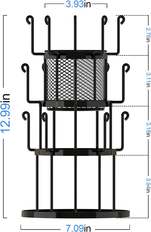 Bextcok Coffee Mug Holder, Metal Cup Rack Tree 15 Hooks Kitchen Counter Storage Mugs Stand with 3-Tier Display Organizer and Removable Basket for Coffee Mugs, Tea Cups, Mason Jars, Glasses Black
