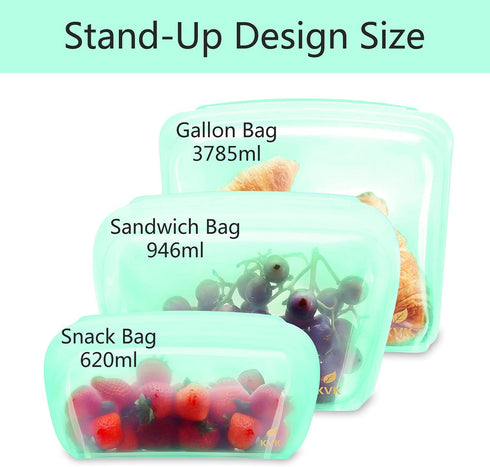 Reusable Freezer Bags and Container(Stand-Up Large, Middle, Small Size, Set 3), Silicone Food Storage Bags for Kids Snacks Veggies Fruits, Easy-Seal, Plastic-Free, Sous Vide, Aqua