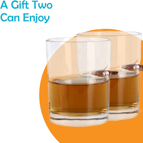 Houseables .308 Bullet Glasses, Glass Whiskey Cups, 9.5 OZ, 2 Pk, Rocks Cup, Drinking Lowball w/Round Embedded, Old Fashioned, Scotch, Bourbon, Copper Projectile, Cocktails, Gift Set, Gift for Men
