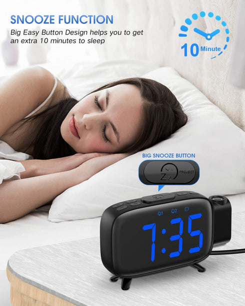 Digital Alarm Clock, AKKIGL Alarm Clocks for Bedrooms with FM Radio and USB Charger, Projection Alarm Clock with Dual Alarms, 7 Sounds, Snooze, Dimmable Large LED Display Clock for Kids Teens Adults