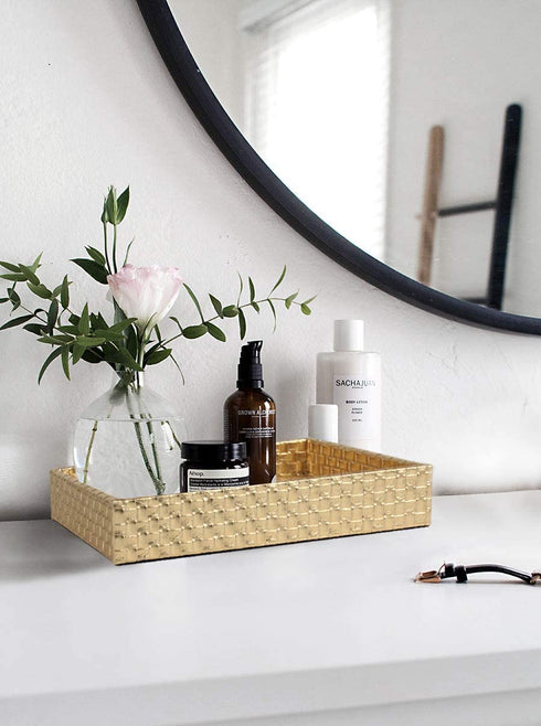 Gurfuy Rectangular Braided Gold Faux Leather Small Serving Tray 10" x 8" Modern Elegant Decorative Tray for Coffee Table Jewelry Perfume Organizer Living Dining Room Coffee Table Bathroom Office
