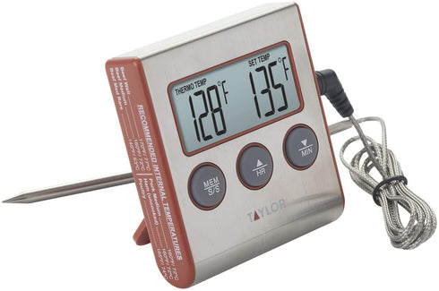 Taylor Precision Products Instant Read Wired Probe Digital Meat Food Grill BBQ Cooking Kitchen Thermometer with Timer Alarm, Red
