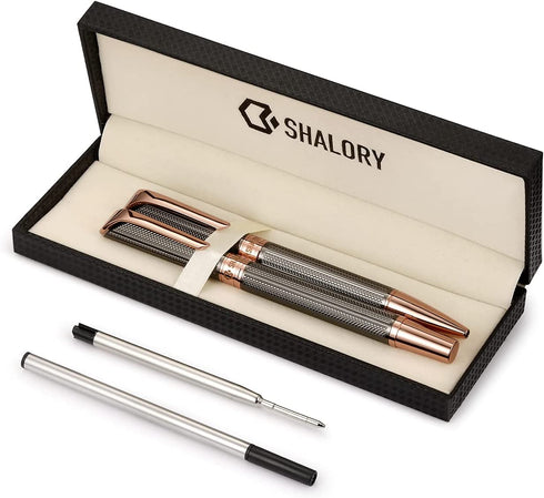 SHALORY Ballpoint and Rollerball Pen Set, Stylish Line Engraved Metal Pen Elegant Smooth Writing Gift Pen (2 Pens with 2 Extra Refills)