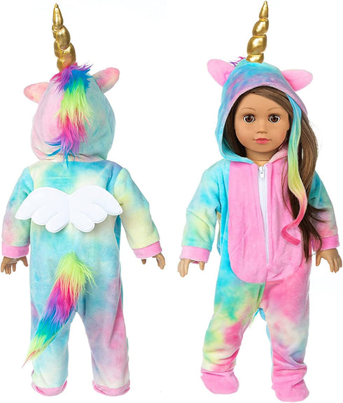 BDDOLL 18 Inch Doll Clothes-Rainbow Unicorn Doll Costume Onesie Pajama with Hair Bows Little Angel Wings Fits 18 Inch Girl Doll Accessories