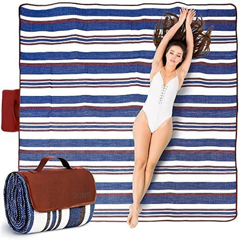 Extra Large Picnic & Outdoor Blanket Dual Layers for Outdoor Water-Resistant Handy Mat Tote Spring Summer Blue and White Striped Great for The Beach
