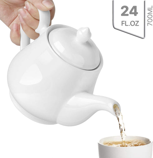 Flexzion Porcelain Teapot, Ceramic Tea Pot w/ Removable Lid, Beverage Serveware Set for 2-3 Tea Cups, Coffee Mugs, Modern English Classic Style, Microwave Oven & Dishwasher Safe - 24 Ounce, Pure White