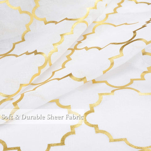 Kotile White Sheer Window Curtains Set of 2 Panels - Gold Moroccan Tile Lattice Pattern Drapes for Living Room, 52 x 95 Inch