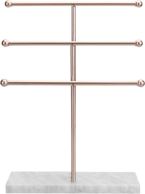 MyGift 3-Tier Rose Gold-Tone Metal Jewelry Stand Organizer, T Bar Necklace and Bracelet Display with Stone Base Ring Tray